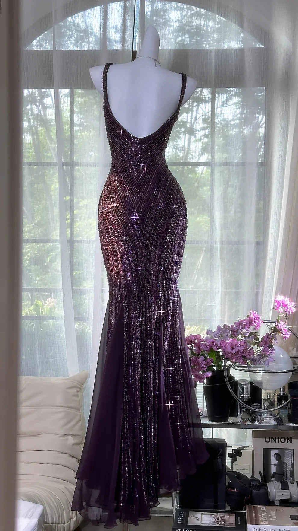 Grape Mermaid Spaghetti Straps Chiffon Sequin Long Prom Dress, Evening Dress C6117