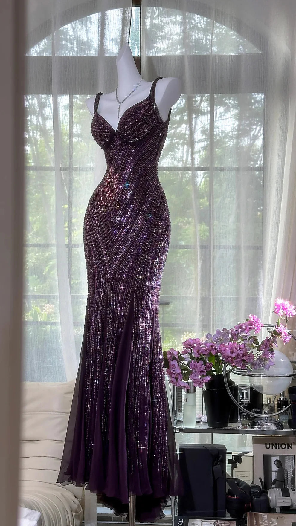 Grape Mermaid Spaghetti Straps Chiffon Sequin Long Prom Dress, Evening Dress C6117