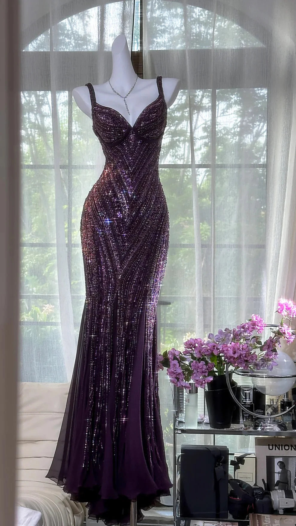 Grape Mermaid Spaghetti Straps Chiffon Sequin Long Prom Dress, Evening Dress C6117