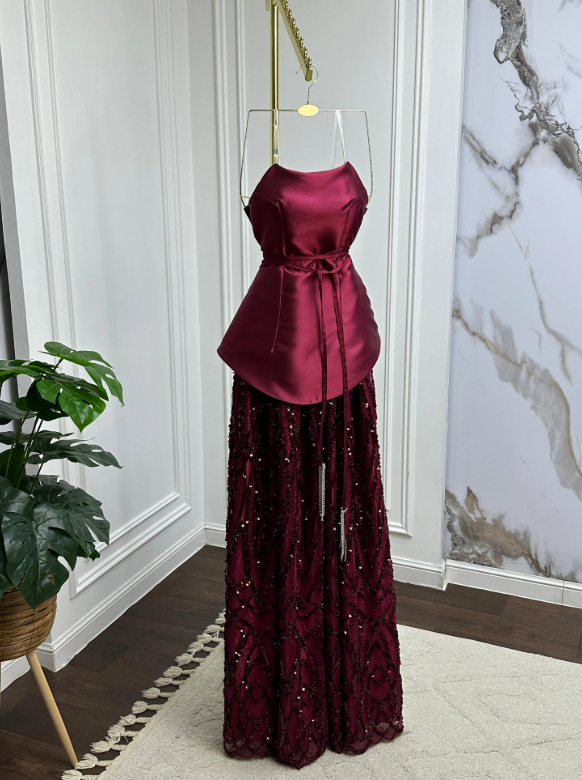 Shiny A Line Strapless Satin Tulle Sequin Long Prom Dress, Evening Dress C6118