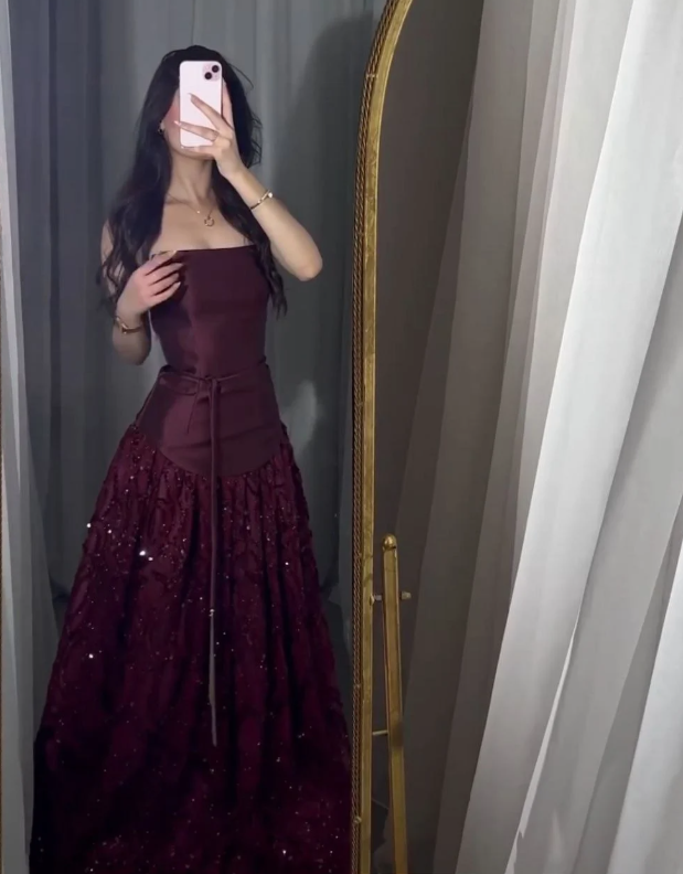 Shiny A Line Strapless Satin Tulle Sequin Long Prom Dress, Evening Dress C6118