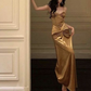 Golden Mermaid Spaghetti Straps Pleated Satin Long Prom Dress, Evening Dress C6119