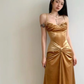 Golden Mermaid Spaghetti Straps Pleated Satin Long Prom Dress, Evening Dress C6119
