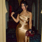 Classy Golden Mermaid Strapless Satin Long Prom Dress, Evening Dress C6120