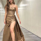 Pretty A Line Strapless Pleated Satin Slit Long Prom Dress, Evening Dress C6121