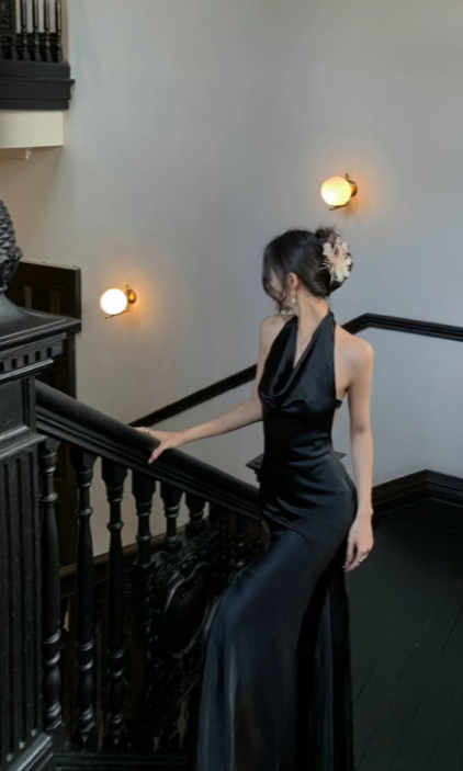 Sexy Mermaid Black Halter Satin Long Prom Dress, Evening Dress C6125