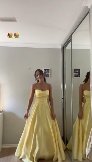 Elegant Yellow A Line Strapless Satin Long Prom Dress, Evening Dress C6129