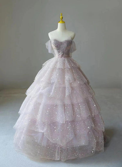 Pink Sweetheart Tulle Ball Gown Beaded Shiny Prom Dress Pink Sweet 16 Dress C612