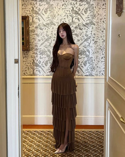 Pretty Brown A Line Sweetheart Chiffon Tiered Slit Long Prom Dress, Evening Dress C6130