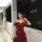 Elegant A Line Off The Shoulder Burgundy Satin Long Prom Dress, Evening Dress C6133