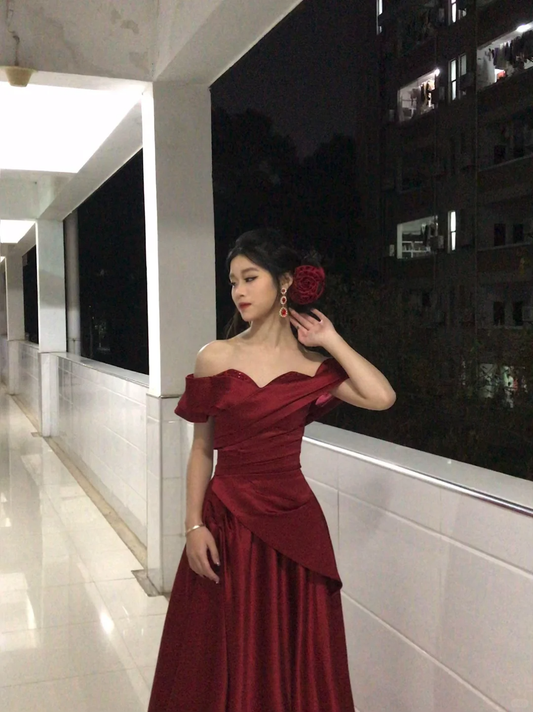 Elegant A Line Off The Shoulder Burgundy Satin Long Prom Dress, Evening Dress C6133