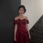 Elegant A Line Off The Shoulder Burgundy Satin Long Prom Dress, Evening Dress C6133