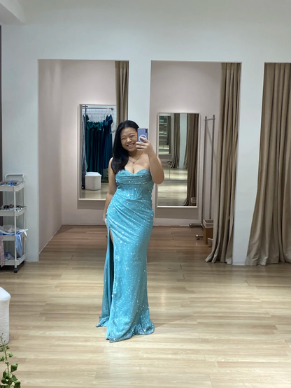 Shiny Mermaid Strapless Satin Sequin Slit Long Prom Dress, Evening Dress C6136