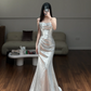 Shiny Silver Mermaid Strapless Satin Sequin Long Prom Dress, Evening Dress C6140