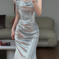 Shiny Silver Mermaid Strapless Satin Sequin Long Prom Dress, Evening Dress C6140