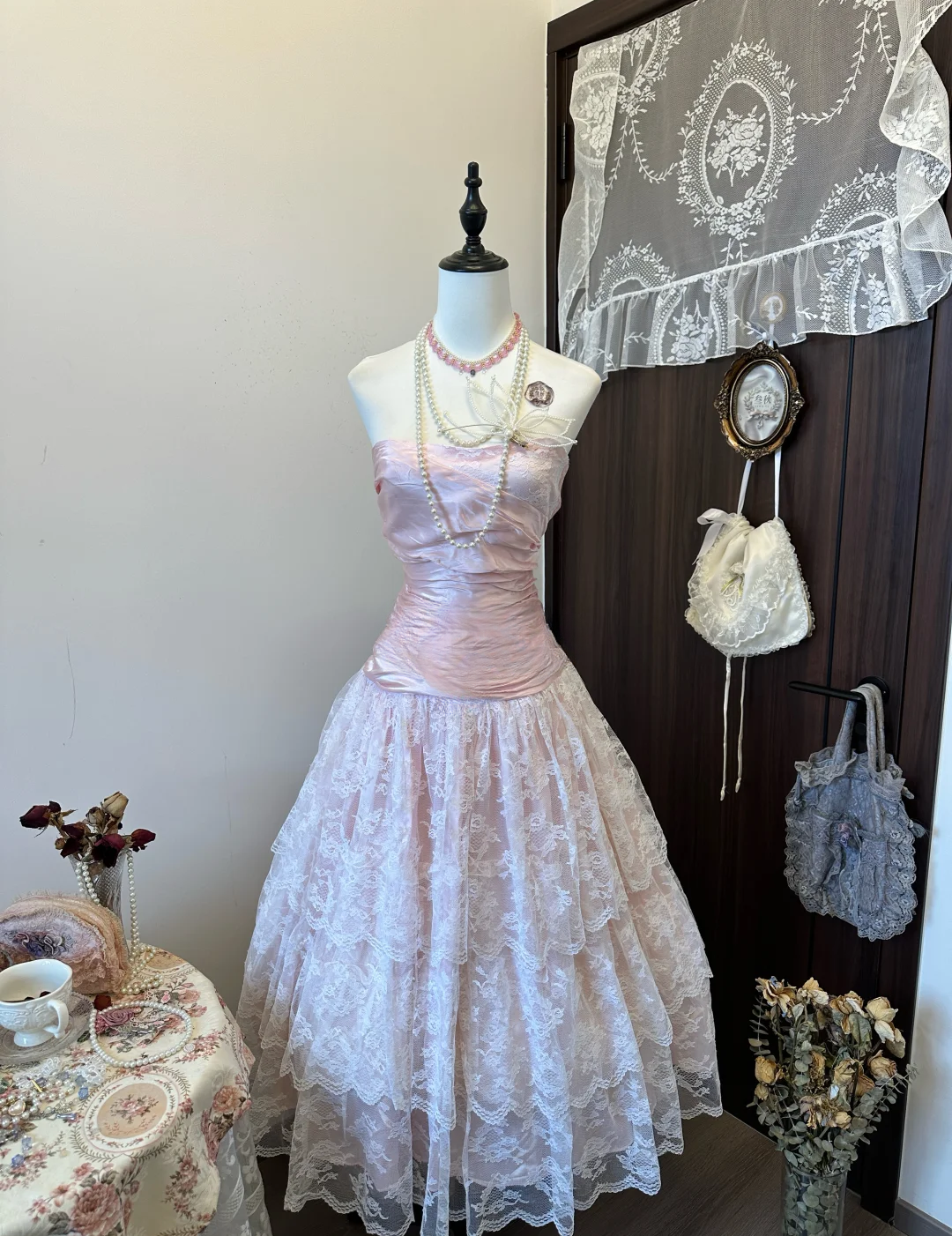 Sweet Ball Gown Strapless Light Pink Satin Lace Long Prom Dress, Evening Dress C6142
