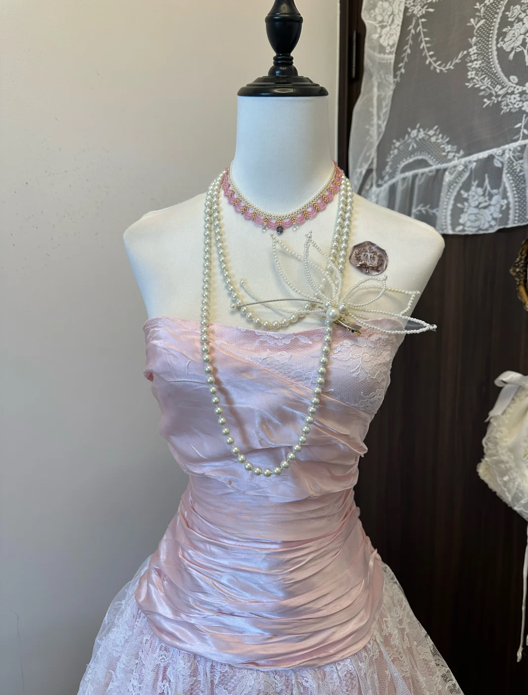 Sweet Ball Gown Strapless Light Pink Satin Lace Long Prom Dress, Evening Dress C6142