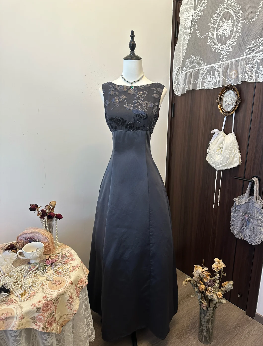 Unique A Line Satin Lace Long Prom Dress, Evening Dress C6143