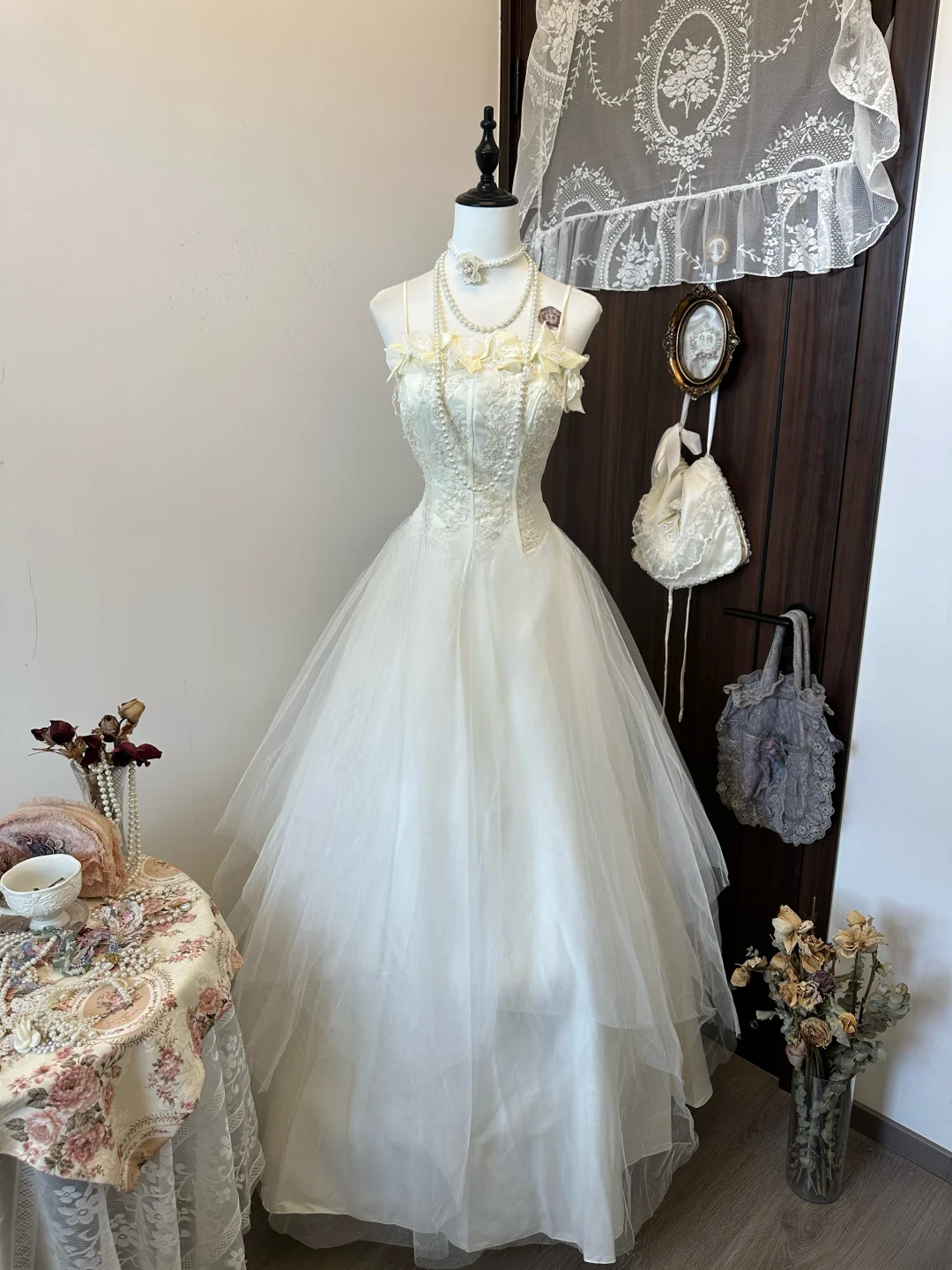 Princess A Line Spaghetti Straps Satin Tulle Lace Long Prom Dress, Evening Dress C6145