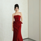 Modest Mermaid Burgundy Strapless Satin Long Prom Dress, Evening Dress C6149
