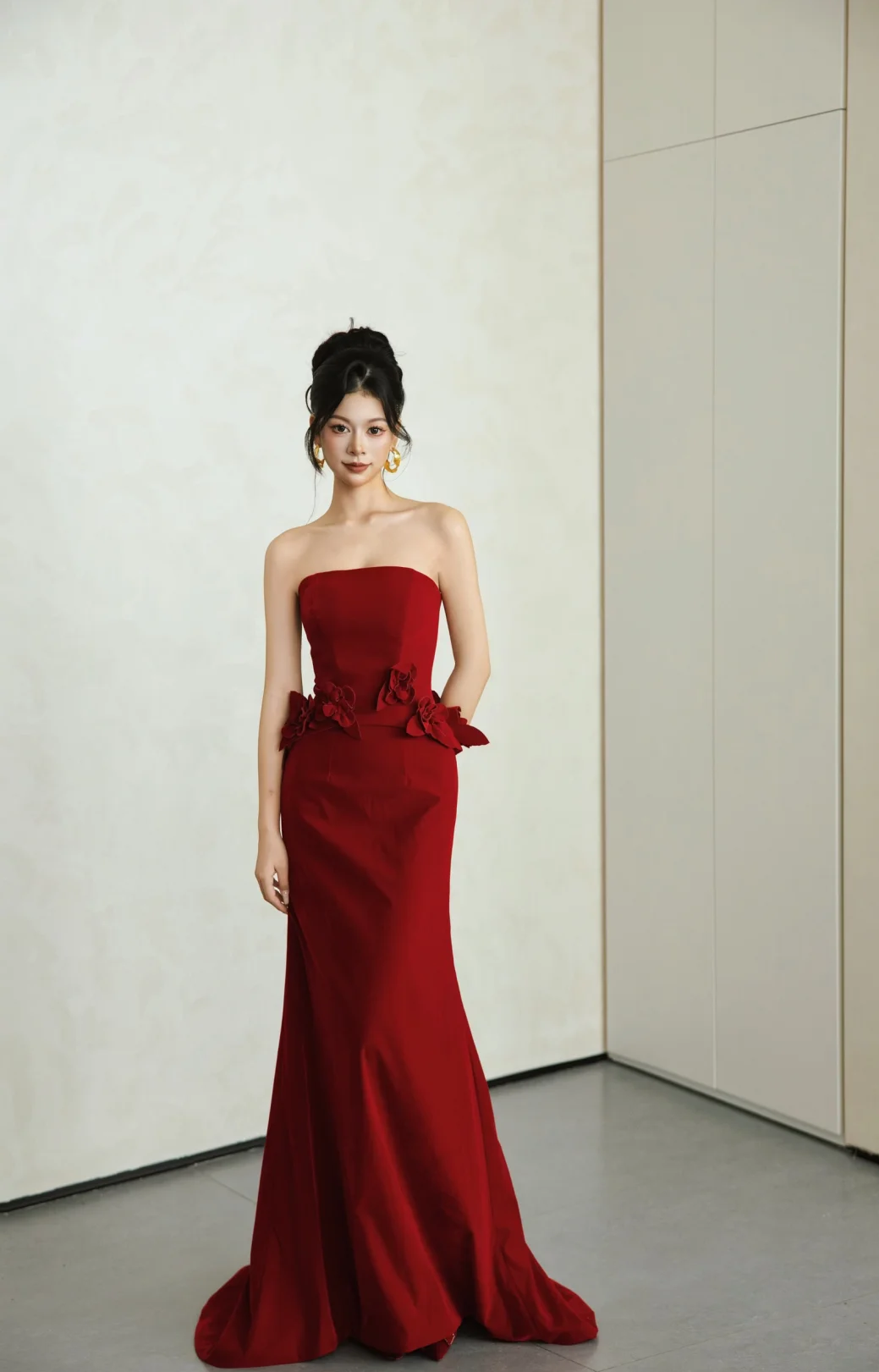 Modest Mermaid Burgundy Strapless Satin Long Prom Dress, Evening Dress C6149