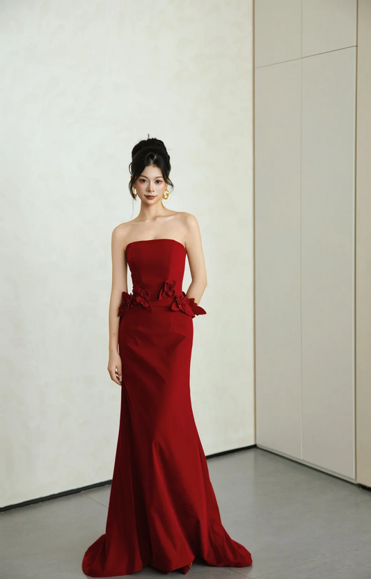 Modest Mermaid Burgundy Strapless Satin Long Prom Dress, Evening Dress C6149