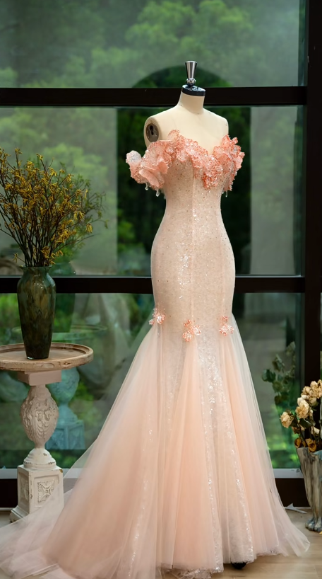 Pretty Fashion Mermaid Off The Shoulder Tulle Sequin Long Prom Dress, Evening Dress C6150