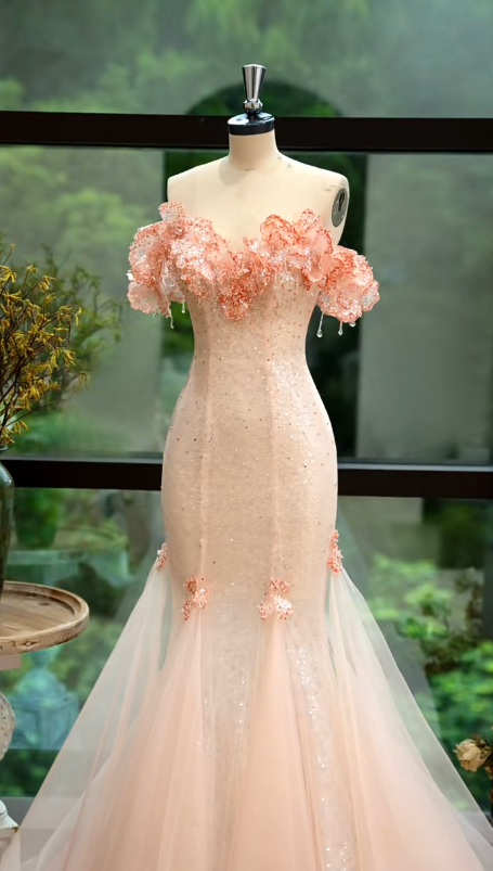 Pretty Fashion Mermaid Off The Shoulder Tulle Sequin Long Prom Dress, Evening Dress C6150