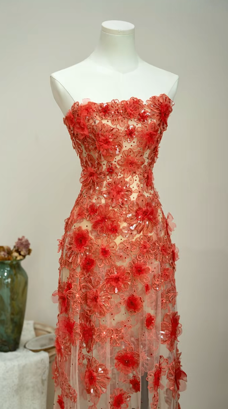 Unique Mermaid Strapless Tulle Applique Long Prom Dress, Evening Dress C6152