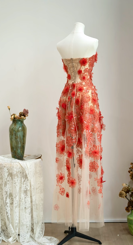 Unique Mermaid Strapless Tulle Applique Long Prom Dress, Evening Dress C6152