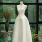 Sweet A Line U Neck White Satin Applique Long Prom Dress, Evening Dress C6153