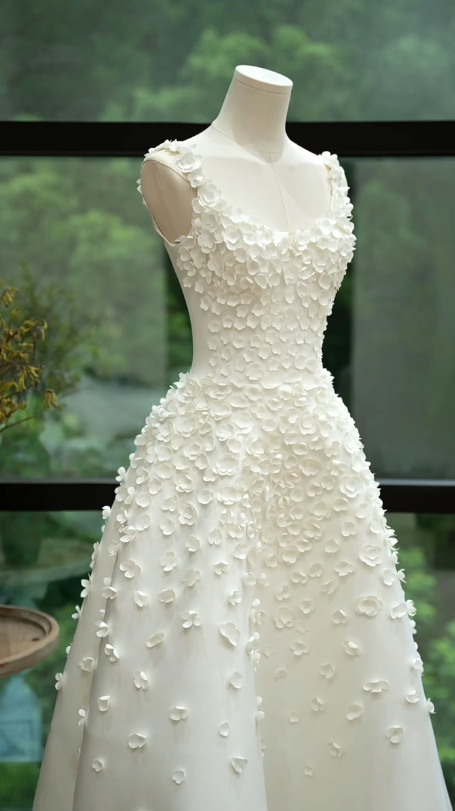 Sweet A Line U Neck White Satin Applique Long Prom Dress, Evening Dress C6153