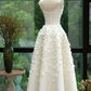 Sweet A Line U Neck White Satin Applique Long Prom Dress, Evening Dress C6153