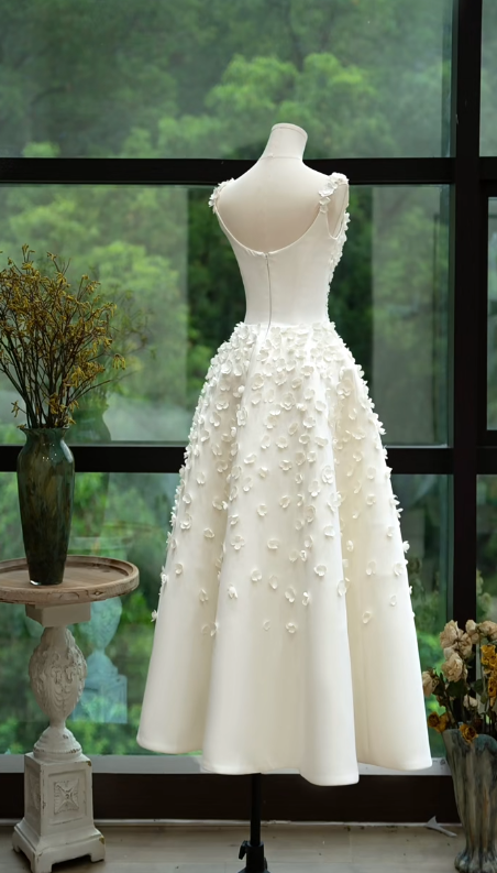 Sweet A Line U Neck White Satin Applique Long Prom Dress, Evening Dress C6153