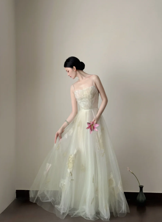 Pretty A Line Spaghetti Straps Tulle Long Prom Dress, Evening Dress C6154