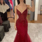 Elegant Mermaid Spaghetti Straps Burgundy Tulle Sequin Long Prom Dress, Evening Dress C6155