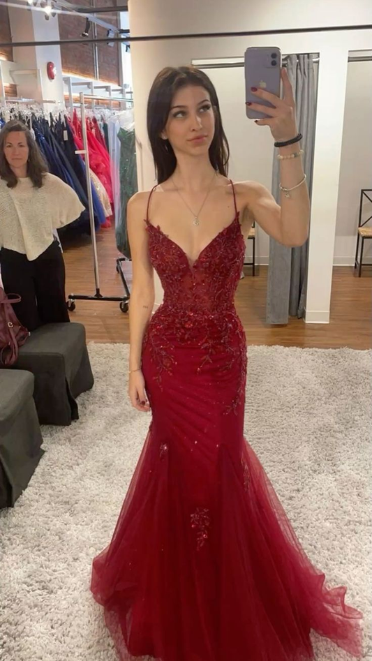 Elegant Mermaid Spaghetti Straps Burgundy Tulle Sequin Long Prom Dress, Evening Dress C6155