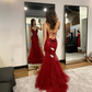 Elegant Mermaid Spaghetti Straps Burgundy Tulle Sequin Long Prom Dress, Evening Dress C6155