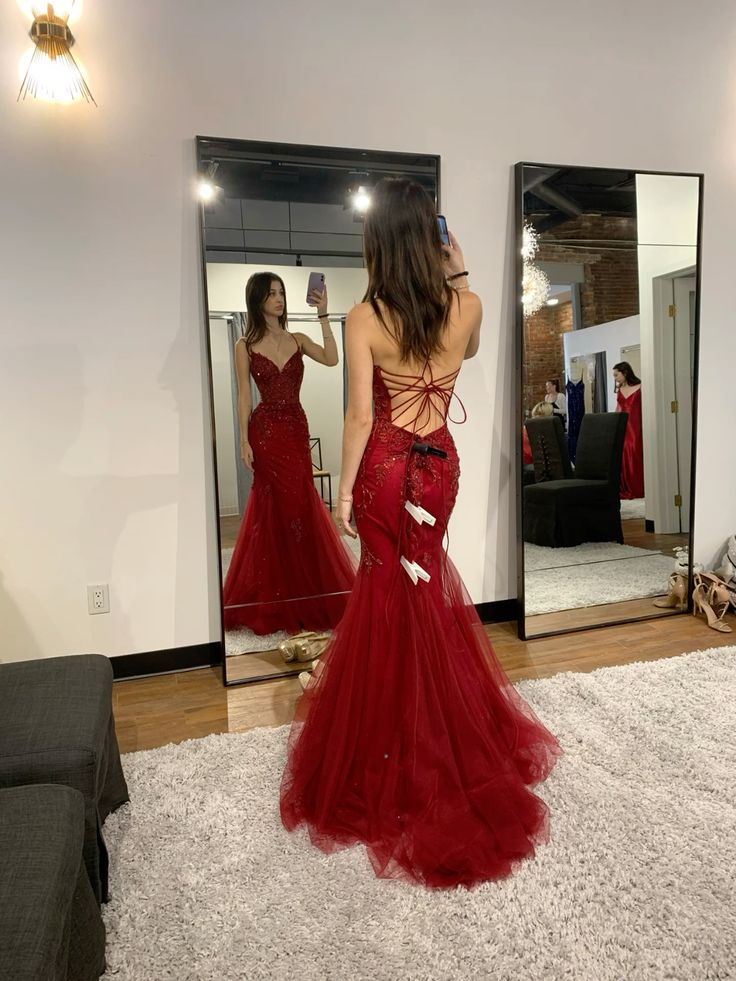 Elegant Mermaid Spaghetti Straps Burgundy Tulle Sequin Long Prom Dress, Evening Dress C6155