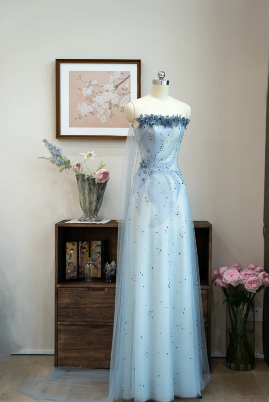 Pretty A Line Spaghetti Straps Tulle Sequin Long Prom Dress, Evening Dress C6156