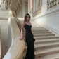 Charming Mermaid Spaghetti Straps Black Satin Ruffle Slit Long Prom Dress, Evening Dress C6158