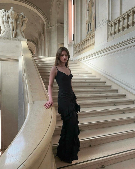 Charming Mermaid Spaghetti Straps Black Satin Ruffle Slit Long Prom Dress, Evening Dress C6158
