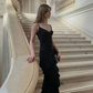 Charming Mermaid Spaghetti Straps Black Satin Ruffle Slit Long Prom Dress, Evening Dress C6158