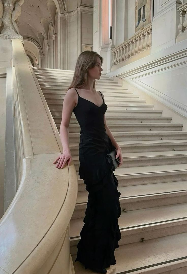 Charming Mermaid Spaghetti Straps Black Satin Ruffle Slit Long Prom Dress, Evening Dress C6158