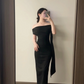 Charming Mermaid Off The Shoulder Black Satin Long Prom Dress, Evening Dress C6159
