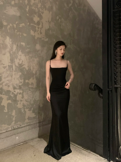 Sexy Mermaid Spaghetti Straps Black Satin Long Prom Dress, Evening Dress C6160