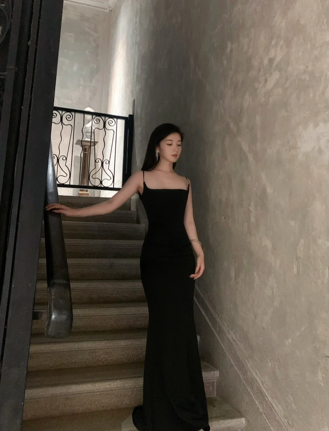 Sexy Mermaid Spaghetti Straps Black Satin Long Prom Dress, Evening Dress C6160