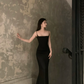 Sexy Mermaid Spaghetti Straps Black Satin Long Prom Dress, Evening Dress C6160
