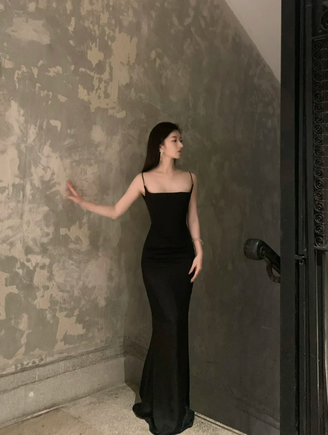 Sexy Mermaid Spaghetti Straps Black Satin Long Prom Dress, Evening Dress C6160