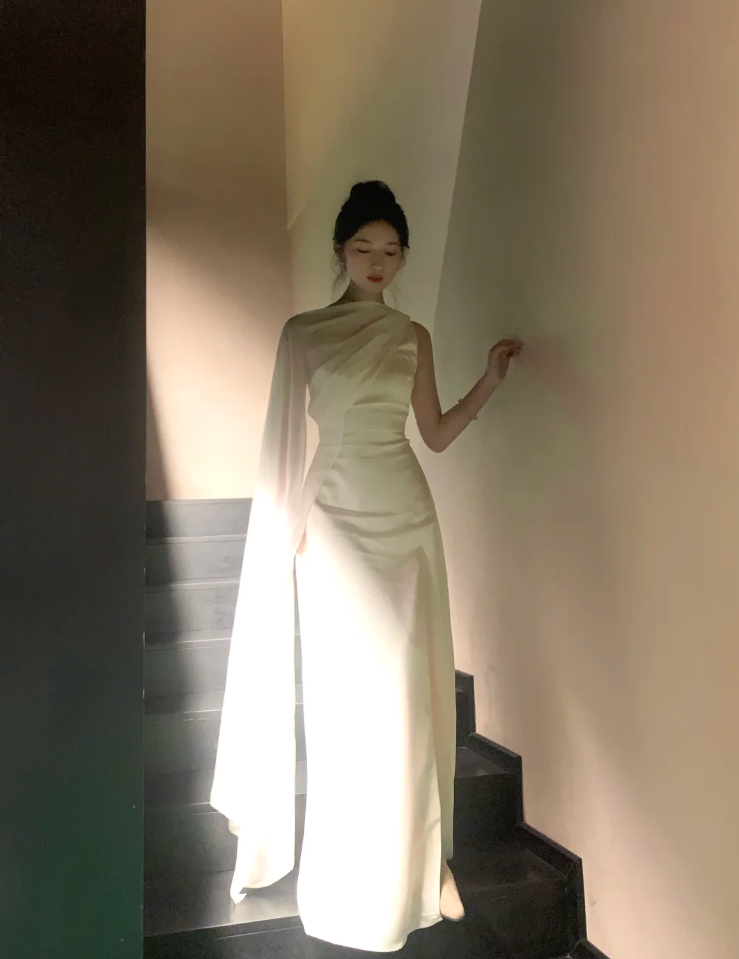 Elegant Mermaid One Shoulder Satin Chiffon Long Prom Dress, Evening Dress C6161